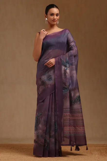 Purple Chanderi Bird Motifs Saree